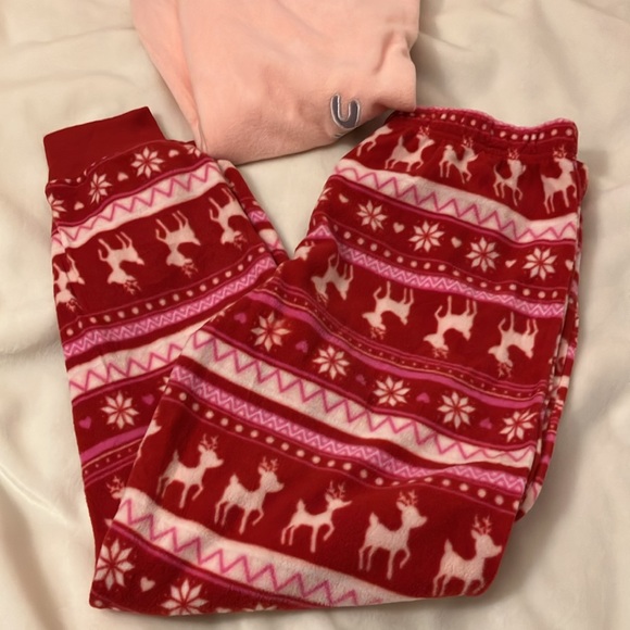 NWOT cuddle duds girls 10/12 fleece pajama set flame resistant pink/red - Picture 5 of 7